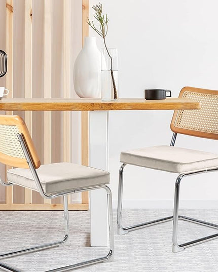 Dining Chair Set of 2, Mid-Century Modern Rattan Dining Chairs with Metal Chrome Legs, Natural Cane Backrest Upholstered for Home Kitchen，Dining Room and Patio, Cream - LeafyLoom