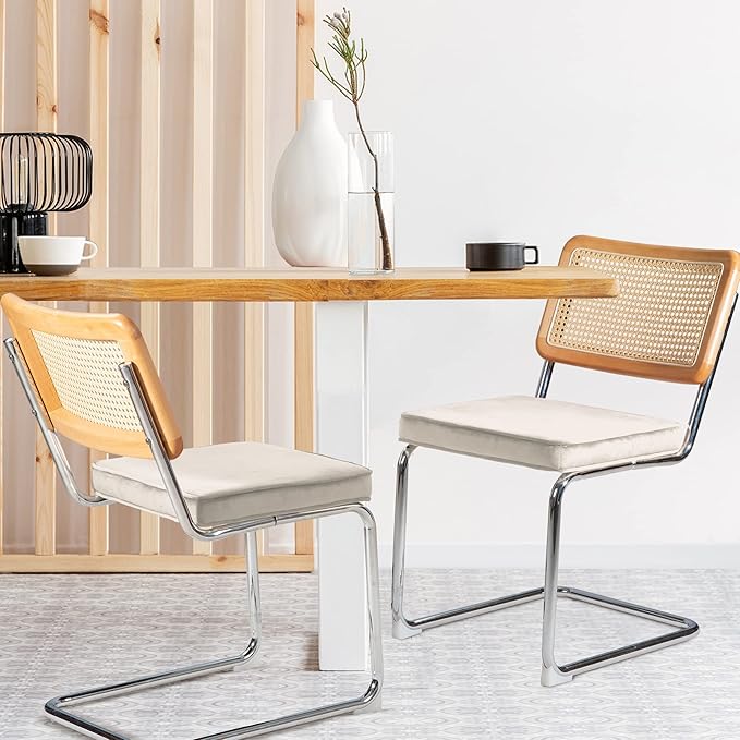 Dining Chair Set of 2, Mid-Century Modern Rattan Dining Chairs with Metal Chrome Legs, Natural Cane Backrest Upholstered for Home Kitchen，Dining Room and Patio, Cream - LeafyLoom