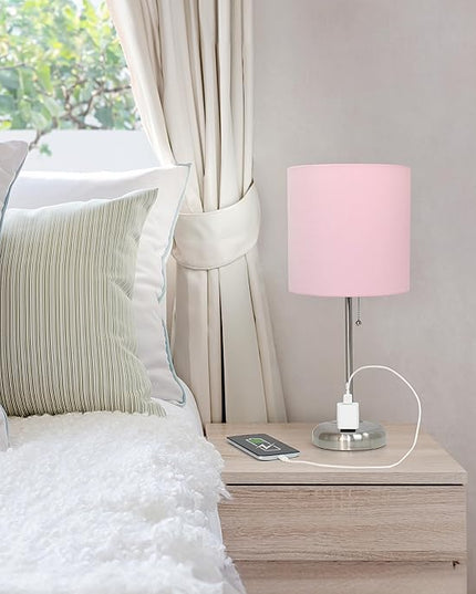 Simple Designs LT1144-LPK Sleek and Slender Brushed Steel Table Lamp with Charging Outlet, for Bedroom, Living Room, Entryway, Office, Dining Room, Study, Light Pink Shade - LeafyLoom