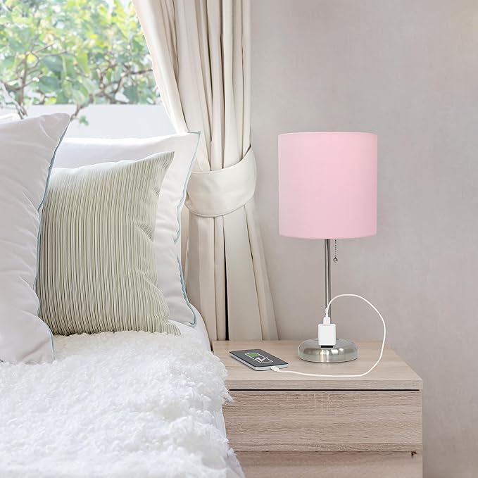 Simple Designs LT1144-LPK Sleek and Slender Brushed Steel Table Lamp with Charging Outlet, for Bedroom, Living Room, Entryway, Office, Dining Room, Study, Light Pink Shade - LeafyLoom