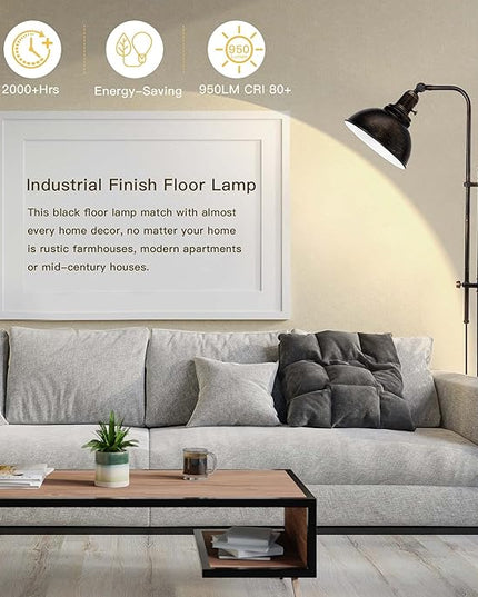PARTPHONER Industrial Floor Lamp Adjustable, Rustic Farmhouse Reading Lamp in Aged Black Finish, Modern Standing Lamp with Remote Control Metal Shade for Living Room Bedroom Study Room Office Hotel - LeafyLoom