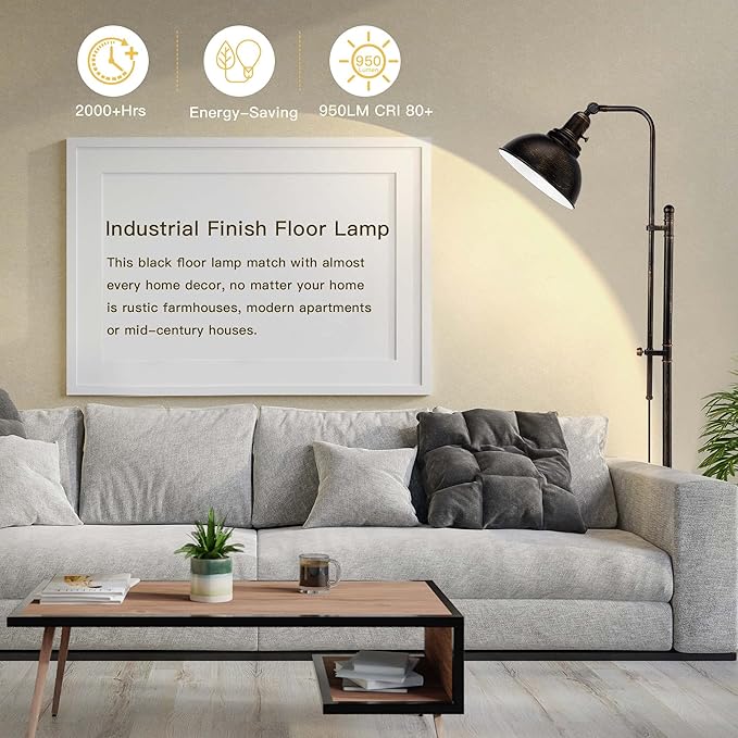 PARTPHONER Industrial Floor Lamp Adjustable, Rustic Farmhouse Reading Lamp in Aged Black Finish, Modern Standing Lamp with Remote Control Metal Shade for Living Room Bedroom Study Room Office Hotel - LeafyLoom