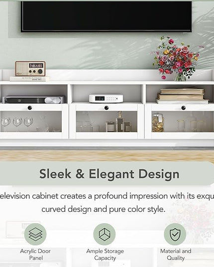 Merax Sleek & Modern Design TV Stand with Acrylic Board Door and Black Handles, Chic Elegant Media Console for Television Up to 65", Ample Storage Space Cabinet, 63.0 inch Length, White - LeafyLoom