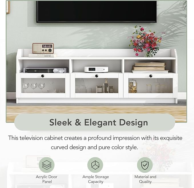 Merax Sleek & Modern Design TV Stand with Acrylic Board Door and Black Handles, Chic Elegant Media Console for Television Up to 65", Ample Storage Space Cabinet, 63.0 inch Length, White - LeafyLoom