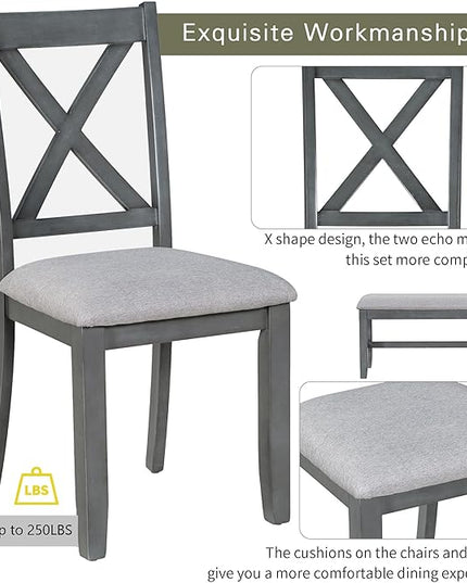Dining Table Set for 6, 6-Piece Foldable Dining Room Set, Solid Wood Foldable Table and 4 Chairs with Bench for Dining Room, Living Room, Grey - LeafyLoom
