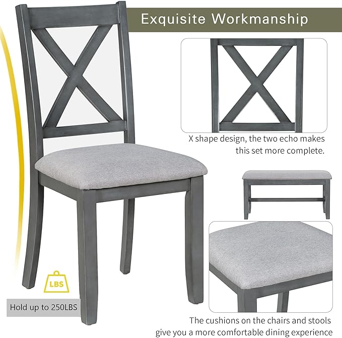 Dining Table Set for 6, 6-Piece Foldable Dining Room Set, Solid Wood Foldable Table and 4 Chairs with Bench for Dining Room, Living Room, Grey - LeafyLoom