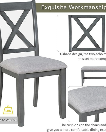 Family Solid Wood Foldable 4 Chairs, Bench, Space Saving ann Easy to Assemble, for Living, Room, Home Bar and Kitchen, White+Gray, 6 Piece Dining Table Set - LeafyLoom