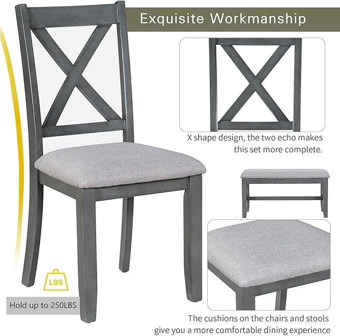 Family Solid Wood Foldable 4 Chairs, Bench, Space Saving ann Easy to Assemble, for Living, Room, Home Bar and Kitchen, White+Gray, 6 Piece Dining Table Set - LeafyLoom