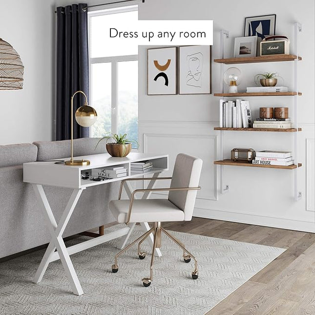 Nathan James Theo 4-Shelf Bookcase, Floating Wall Mount Shelves with Natural Wood and Industrial Pipe Metal Frame, Oak/White - LeafyLoom