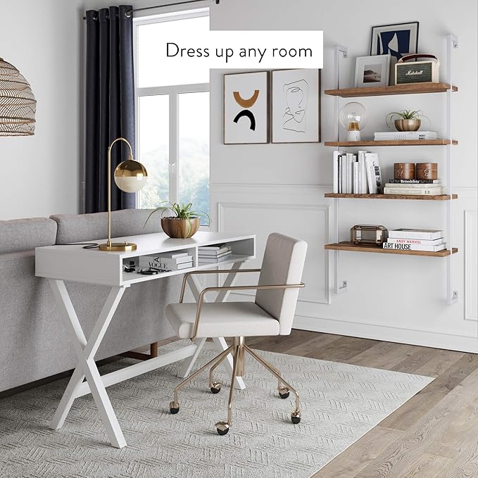 Nathan James Theo 4-Shelf Bookcase, Floating Wall Mount Shelves with Natural Wood and Industrial Pipe Metal Frame, Oak/White - LeafyLoom