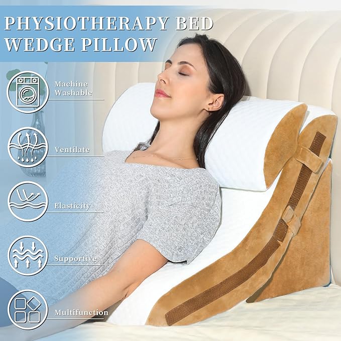 Bed Wedge Pillow for Sleeping 3PCS, 20-in-1 Adjustable Memory Foam Wedge Pillow for Acid Reflux, 3-in-1 Incline Pillow Wedge for After Surgery, Snoring, Back Pain(Brown) - LeafyLoom