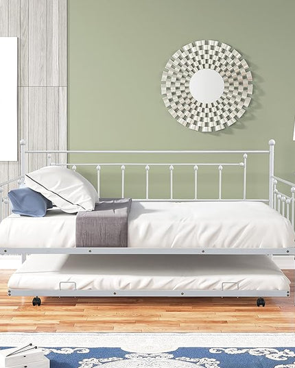 Twin Size Metal-Daybed with Trundle,Heavy-Duty Sturdy Metal,Noise Reduced,Trundle-Bed for Flexible Space,Vintage Style,No Box Spring Needed,for Kids Boys Girls Teens,Light Grey - LeafyLoom