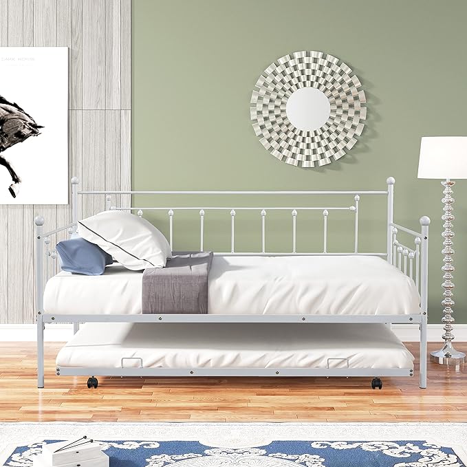 Twin Size Metal-Daybed with Trundle,Heavy-Duty Sturdy Metal,Noise Reduced,Trundle-Bed for Flexible Space,Vintage Style,No Box Spring Needed,for Kids Boys Girls Teens,Light Grey - LeafyLoom