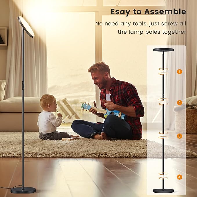 Floor Lamp,Bright 36W 3500LM Standing Lamp with Remote, 2700K Soft White to 6500K Cool White Adjustable,Touch Control Dimmable Torchiere Tall Lamp for Living Room,Bedroom,Office,Sofa(Black) - LeafyLoom