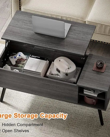 Lift Top Coffee Table with Storage - Grey Coffee Table with Lifting Top - Dark Gray Coffee Table Wood - Rectangle Coffee Tables That Lifts up for Living Room - LeafyLoom