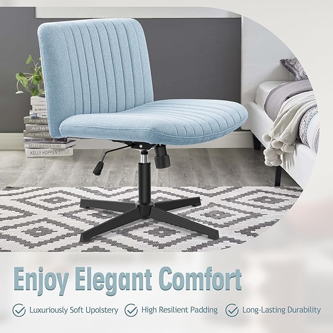 Armless Office Chair no Wheels, Ergonomic Wide Seat Swivel Desk Chair, Height Adjustable Cross Legged Comfortable Computer Chair for Living Room, Vanity Accent Chair LightBlue - LeafyLoom