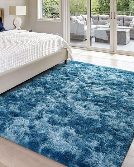 5x8 Large Area Rugs for Living Room, Super Soft Fluffy Modern Bedroom Rug, Tie-Dyed Dark Blue Indoor Shag Fuzzy Carpets for Girls Kids Nursery Room Home Decor - LeafyLoom