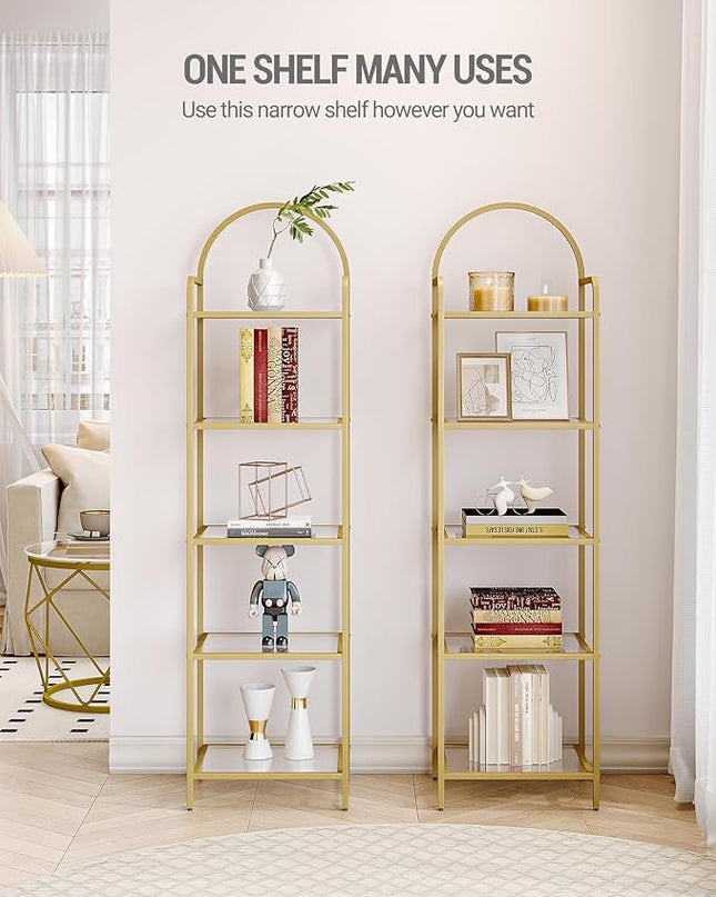 Bookcase Bookshelf, Tempered Glass Bookshelves, Slim Shelving Unit for Bedroom, Bathroom, Home Office, Steel Frame, 5 Tier Gold BC05001G - LeafyLoom