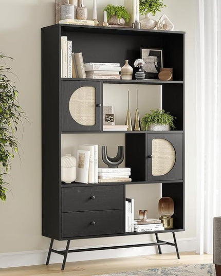 Soohow 4 Shelf Bookcase and Bookshelves with Drawer, 65” Tall Bookcases with Storage Shelves, Bookshelves and Bookcases with Rattan Cabinet and Metal Legs for Home Office, Living Room and Bedroom. - LeafyLoom