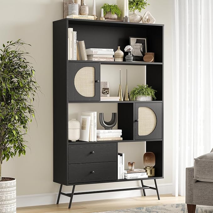 Soohow 4 Shelf Bookcase and Bookshelves with Drawer, 65” Tall Bookcases with Storage Shelves, Bookshelves and Bookcases with Rattan Cabinet and Metal Legs for Home Office, Living Room and Bedroom. - LeafyLoom