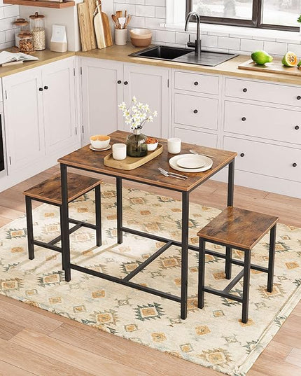HOOBRO 3-Piece Industrial Dining Table Set, Space Saving Dinette for Kitchen, Dining Room, Small Space, Breakfast Nook, Living Room, Party, Rustic Brown and Black BF75CZ01G1 - LeafyLoom
