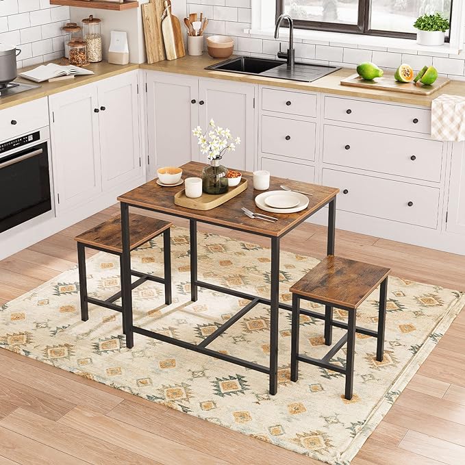 HOOBRO 3-Piece Industrial Dining Table Set, Space Saving Dinette for Kitchen, Dining Room, Small Space, Breakfast Nook, Living Room, Party, Rustic Brown and Black BF75CZ01G1 - LeafyLoom