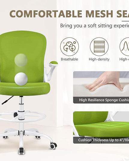 Drafting Chair, Tall Office Chair Ergonomic Standing Desk chair, Lumbar Support Computer Chair Swivel Task Rolling Chair with Adjustable Flip-up Armrests & Foot Ring (Green) - LeafyLoom