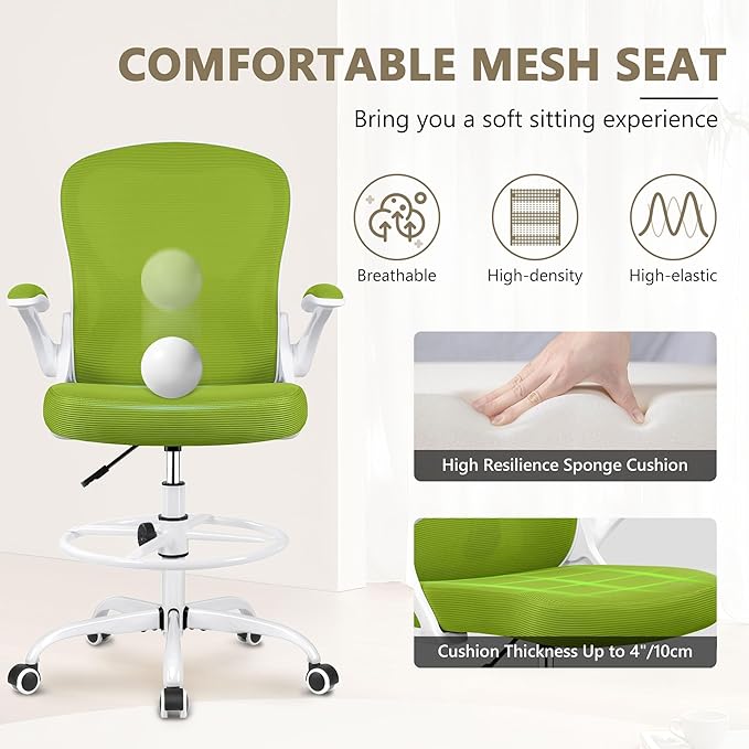 Drafting Chair, Tall Office Chair Ergonomic Standing Desk chair, Lumbar Support Computer Chair Swivel Task Rolling Chair with Adjustable Flip-up Armrests & Foot Ring (Green) - LeafyLoom