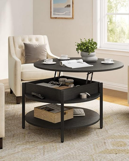 FABATO Round Lift Top Coffee Table for Living Room, 35.43'' Round Coffee Table with Storage and Hidden Compartment, 2 Tier Large Farmhouse Coffee Table Round Dining Table, Black - LeafyLoom