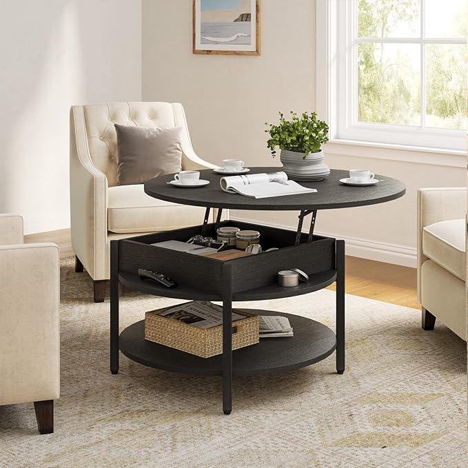 FABATO Round Lift Top Coffee Table for Living Room, 35.43'' Round Coffee Table with Storage and Hidden Compartment, 2 Tier Large Farmhouse Coffee Table Round Dining Table, Black - LeafyLoom