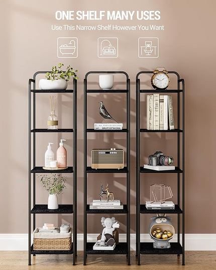 Bookcase Bookshelf, Narrow Book Shelf, Industrial Coner Shelf Storage Organizer, Slim Shelving Unit for Home Office, Living Room, Bedroom, Kitchen, 5-Tier Black BC24504B - LeafyLoom