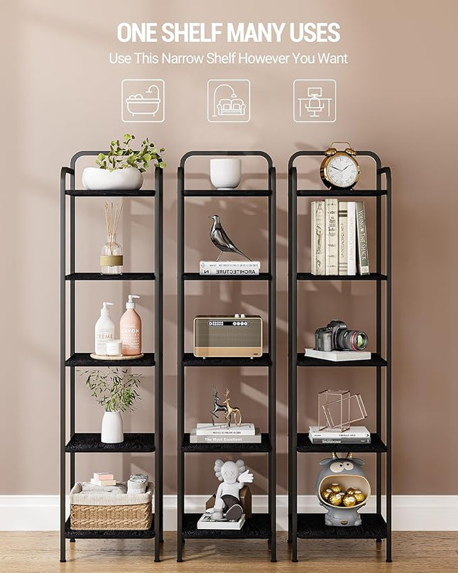 Bookcase Bookshelf, Narrow Book Shelf, Industrial Coner Shelf Storage Organizer, Slim Shelving Unit for Home Office, Living Room, Bedroom, Kitchen, 5-Tier Black BC24504B - LeafyLoom