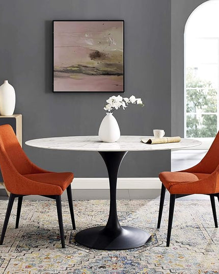 Modway Lippa 54" Oval-Shaped Mid-Century Modern Dining Table with Artificial Marble Top and Black Base - LeafyLoom