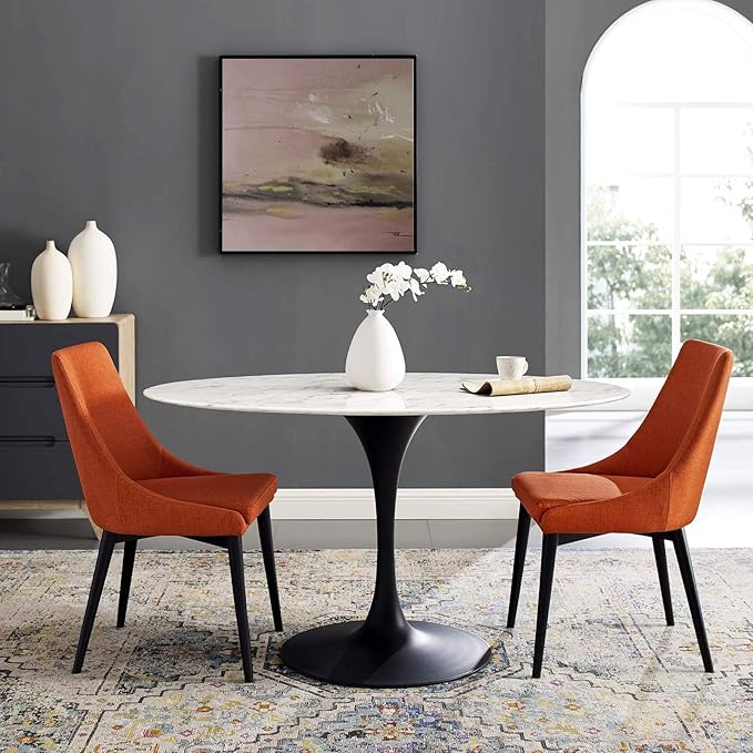 Modway Lippa 54" Oval-Shaped Mid-Century Modern Dining Table with Artificial Marble Top and Black Base - LeafyLoom