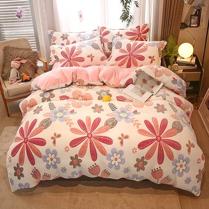 MorroMorn Twin Bedding Sets, Pink Floral Duvet Cover Set, Fluffy Comforter Covers, Colorful Flowers Blanket Ultra Soft Kawaii Cute for Girls Toddler Kids Teen Women Twin/Twin XL Size - LeafyLoom