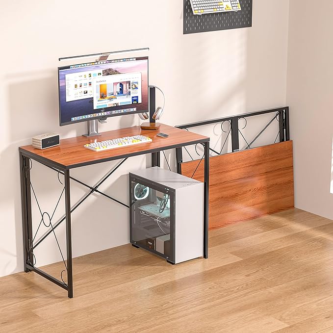 VECELO 39.4" Folding Computer Desk Simple Laptop Table Home Office Workstation for Reading Writing, No Assembly Needed, Small Space, Antique Brown - LeafyLoom