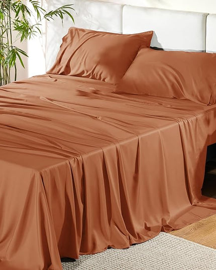 Bedsure Queen Sheets, Rayon Derived from Bamboo, Queen Cooling Sheet Set, Deep Pocket Up to 16", Breathable & Soft Bed Sheets, Hotel Luxury Silky Bedding Sheets & Pillowcases, Burnt Orange - LeafyLoom