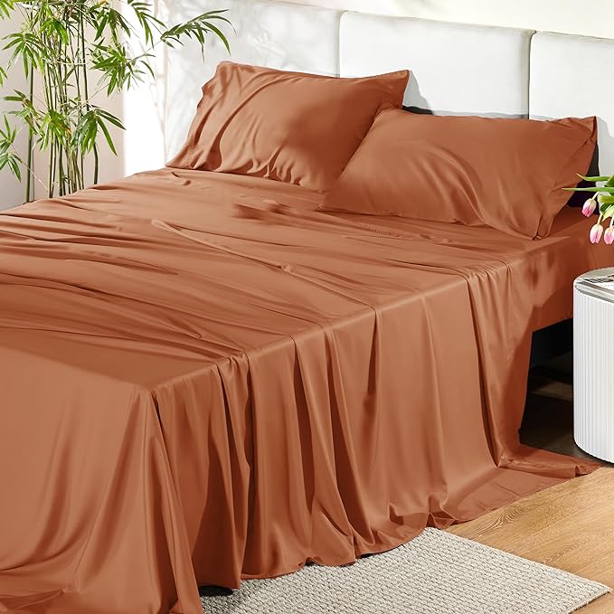 Bedsure Queen Sheets, Rayon Derived from Bamboo, Queen Cooling Sheet Set, Deep Pocket Up to 16", Breathable & Soft Bed Sheets, Hotel Luxury Silky Bedding Sheets & Pillowcases, Burnt Orange - LeafyLoom
