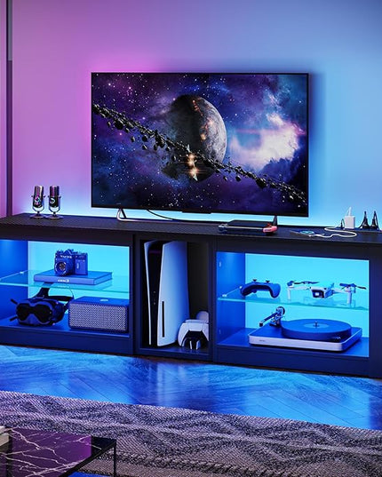 Bestier TV Stand for 70 inch TV with Power Outlets, LED Entertainment Center for PS5, Gaming TV Consoles with Glass Shelves for Living Room, 63'' Inch, Black Carbon Fiber - LeafyLoom
