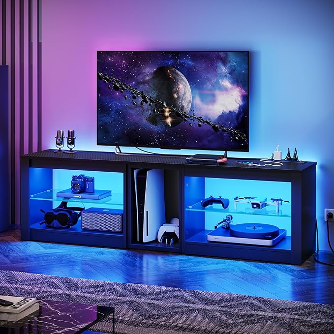 Bestier TV Stand for 70 inch TV with Power Outlets, LED Entertainment Center for PS5, Gaming TV Consoles with Glass Shelves for Living Room, 63'' Inch, Black Carbon Fiber - LeafyLoom