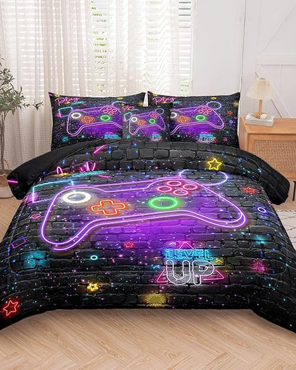 NINENINE Gaming Bedding Sets for Boys,6PCS Queen Size for Boys,Gamer Comforter Kids Teens Bedding Comforter Sheet Set(1Comforter,1Flat Sheet,1Fitted Sheet,1Cushion Cover,2Pillowcases)… - LeafyLoom