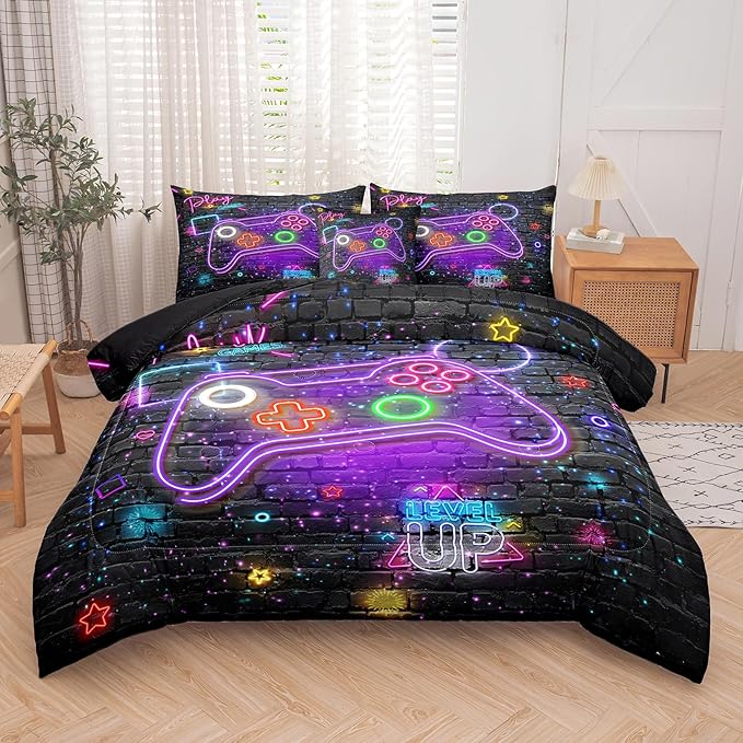 NINENINE Gaming Comforter Gamer Bedding Sets for Boys,6PCS Full Size Bedding Sets for Boys,Bed in A Bag Gamer Comforter Sets(1Comforter,1Flat Sheet,1Fitted Sheet,1Cushion Cover,2Pillowcases)… - LeafyLoom