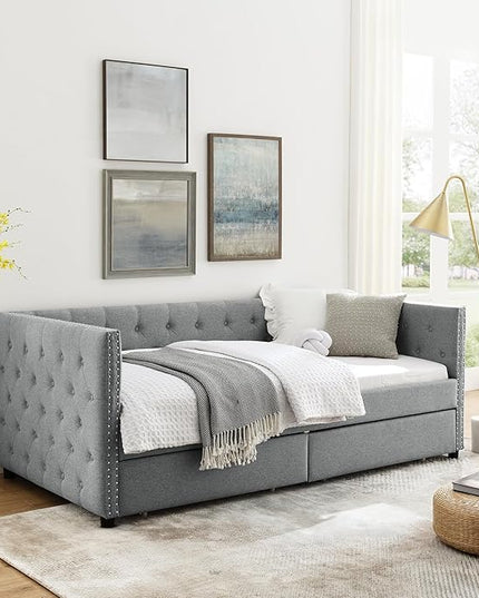 RITSU Twin Size Upholstered Daybed, Pull Out with Two Storage Drawers, Solid Wood Frame Sofa Bed, Tufted Buttons and Copper Nails On Square Arms, for Bedrooms, Apartments, 82.75, Grey-1 - LeafyLoom