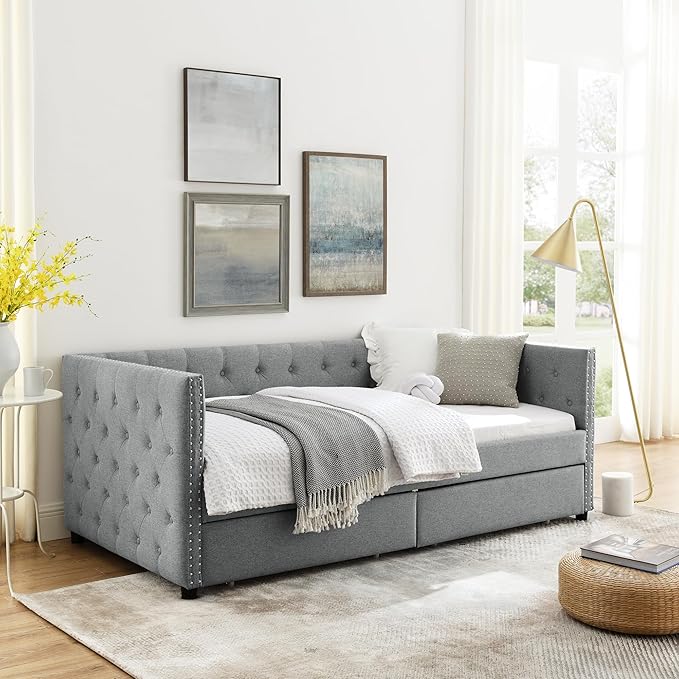 RITSU Twin Size Upholstered Daybed, Pull Out with Two Storage Drawers, Solid Wood Frame Sofa Bed, Tufted Buttons and Copper Nails On Square Arms, for Bedrooms, Apartments, 82.75, Grey-1 - LeafyLoom
