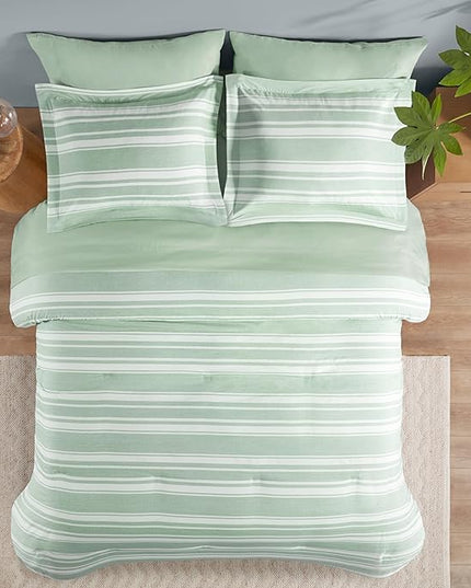 Codi Bed in a Bag Twin Size Complete Set, Sage Green White Striped Single Comforter Set 5 Piece for Teen, Modern Neutral Cationic Dyeing Bed Sets with Comforter, Sheets, Pillowcases & Shams - LeafyLoom