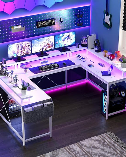 U Shaped Computer Gaming Desk, Reversible L Shaped Desk with Power Outlets, LED Strip & Monitor Stand, Large Corner Desk with Storage Shelves for Home Office, White - LeafyLoom