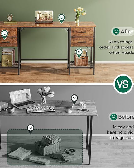 63 Inch Computer Desk with 4 Drawers, Office Desk with Mesh Shelf, Gaming Desk, Large Storage, Writing Desk Work Desk for Home Office, Study, Bedroom, Work from Home, Rustic Brown - LeafyLoom