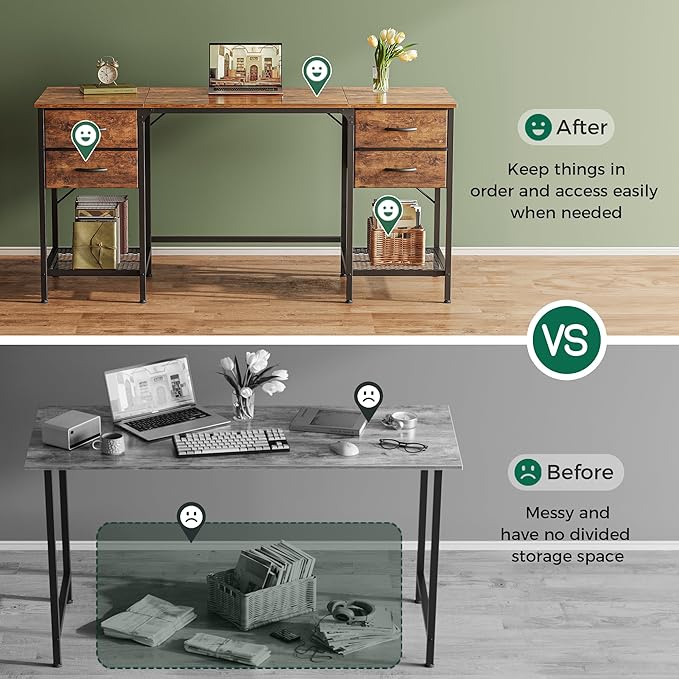 63 Inch Computer Desk with 4 Drawers, Office Desk with Mesh Shelf, Gaming Desk, Large Storage, Writing Desk Work Desk for Home Office, Study, Bedroom, Work from Home, Rustic Brown - LeafyLoom