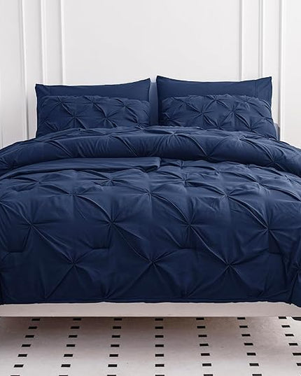 LANE LINEN California King Comforter Set, 7 Piece Cal King Bed in a Bag, Pintuck Cal King Bedding Set, Soft Cali King Bed Set, Cal King Bed Comforter Sets with Sheets, Pillowcases & Shams - Navy Blue - LeafyLoom