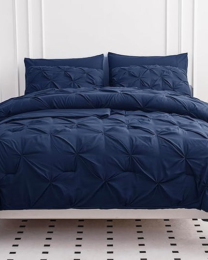 Lane Linen King Size Comforter Set, 7 Piece Bedding King Size, Pintuck King Bed in a Bag Set, Soft King Size Bed Set, Pinch Pleated King Size Comforter Set with Sheets, Pillowcases & Shams - Navy Blue - LeafyLoom